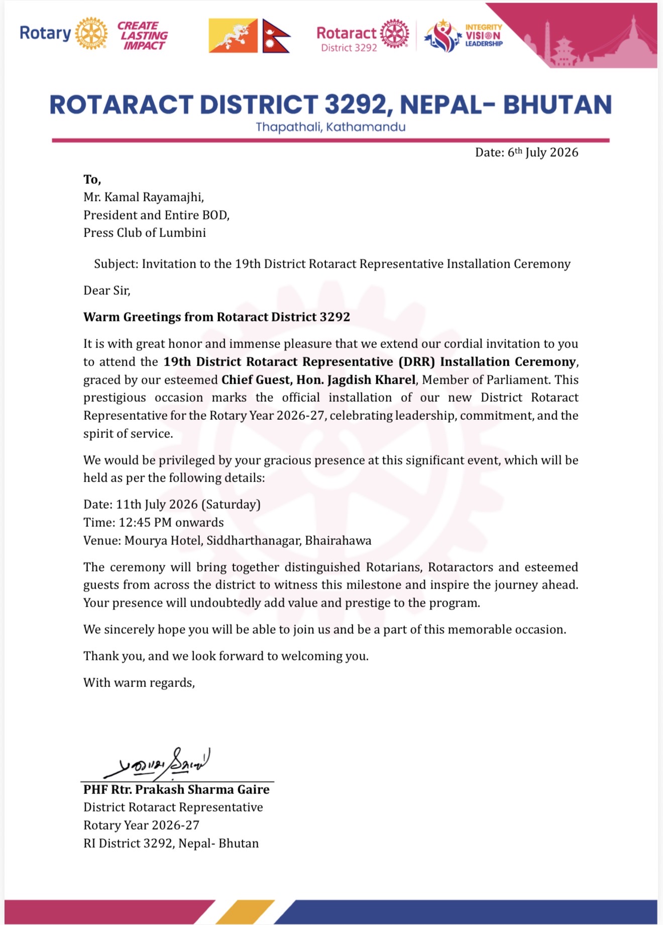 Rotaract District 3292 to Hold 19th DRR Installation Ceremony in Bhairahawa